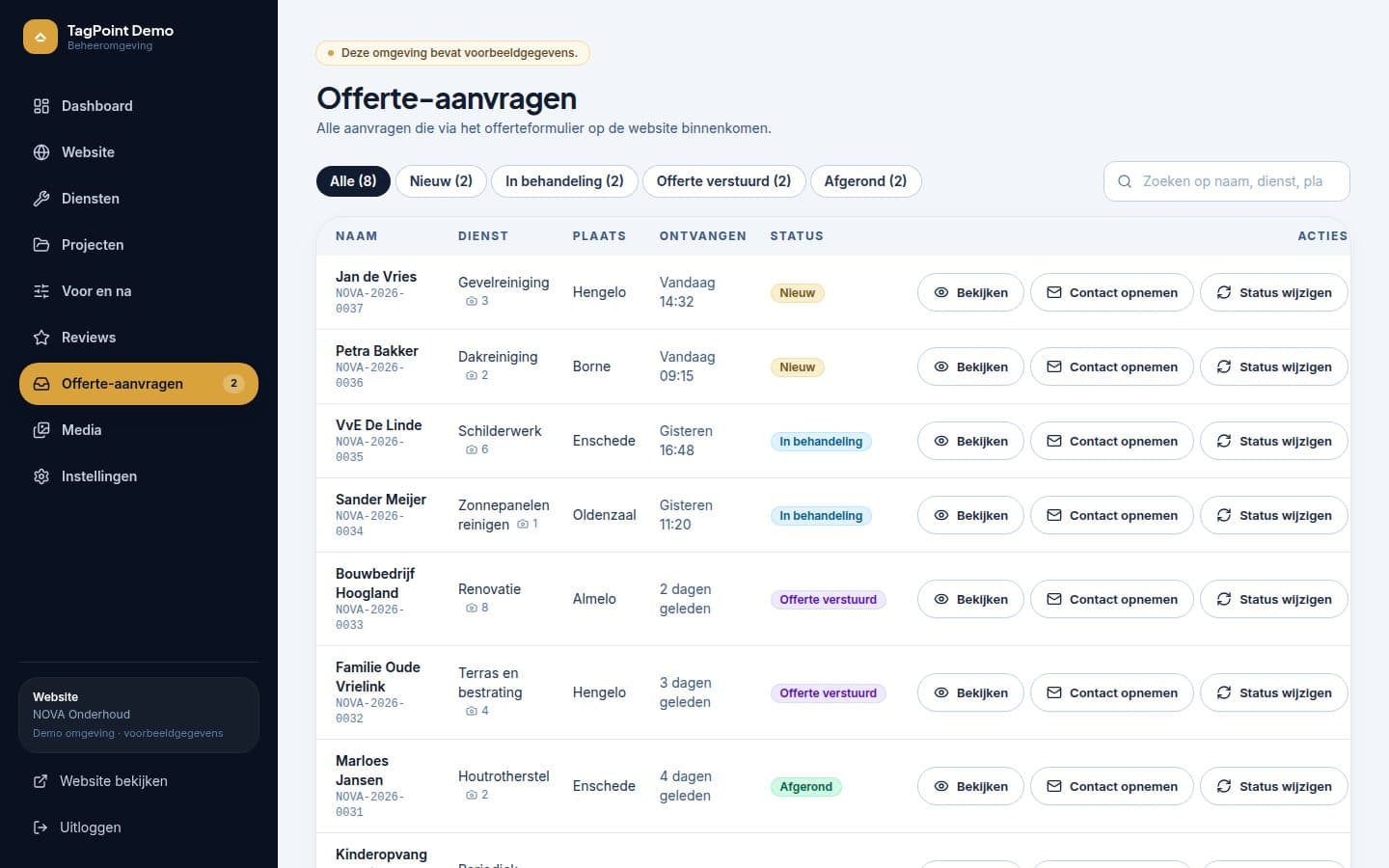 Aanvragen met filters en statussen in de beheeromgeving